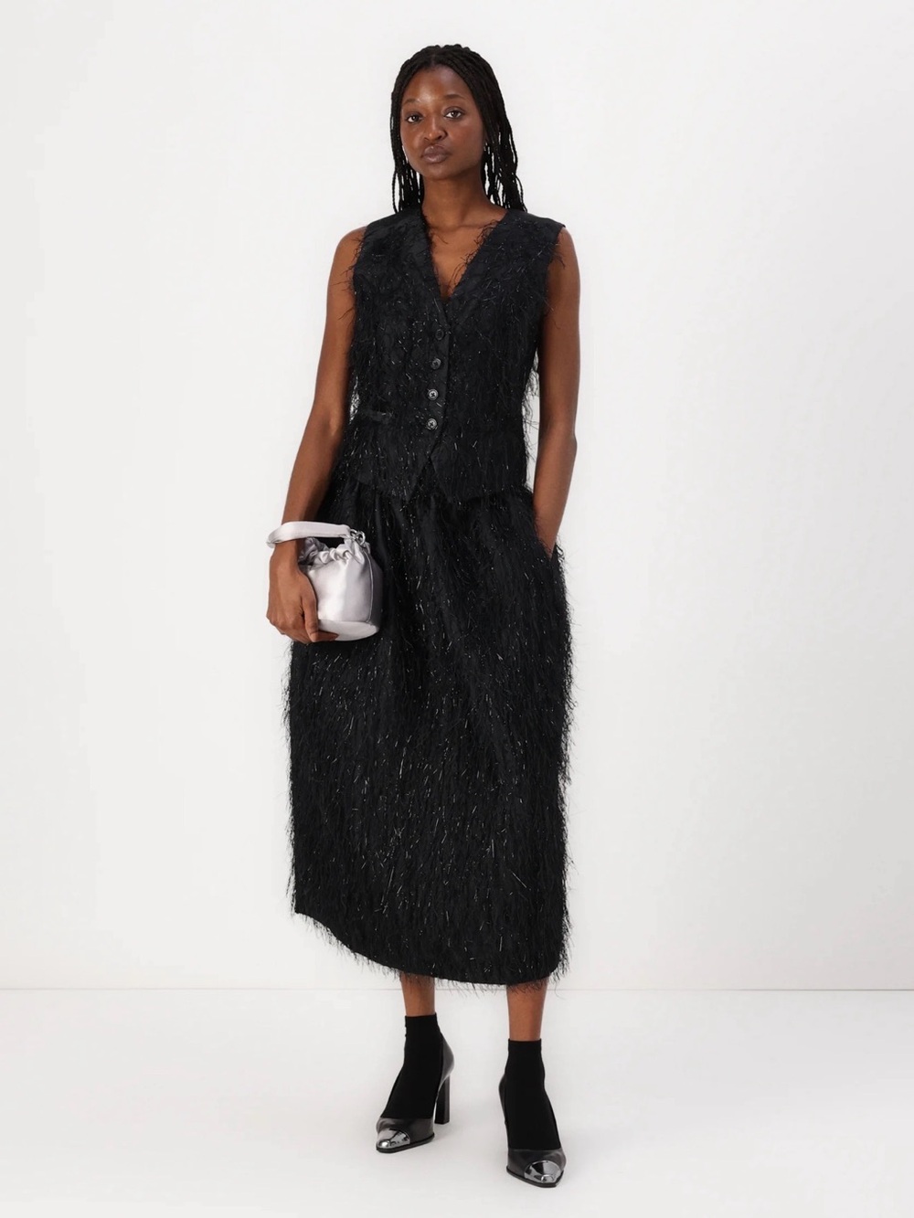 Day birger et mikkelsen Black Textured Feather-Effect Midi skirt size US 8 NWT
